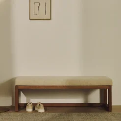 Bankje Loya Chenille en beukenhout, 128cm