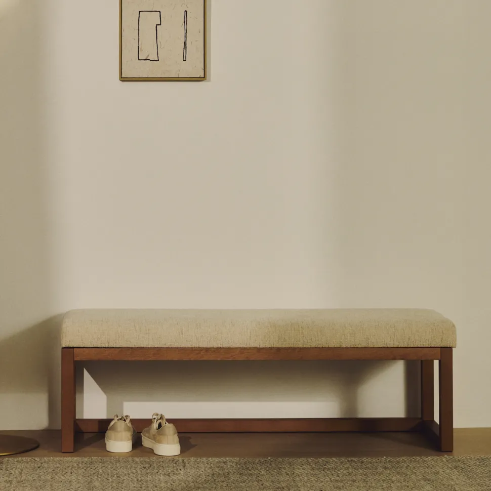 Bankje Loya Chenille en beukenhout, 128cm