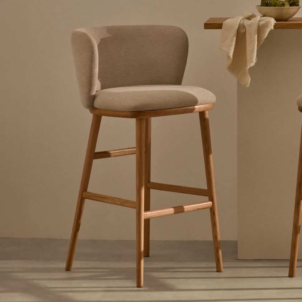 Barkruk Ciselia Chenille en essenhout (zithoogte 75cm)