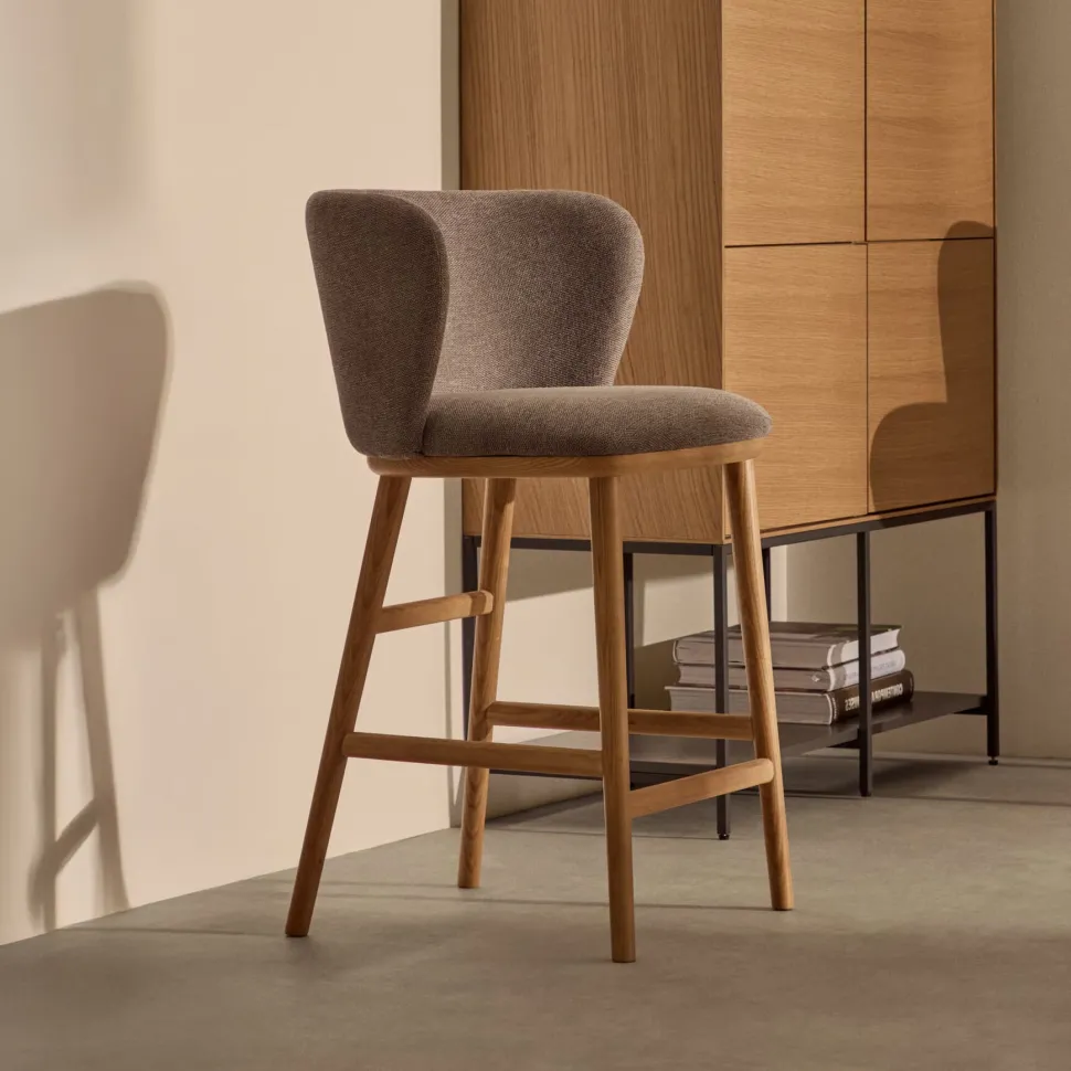 Barkruk Ciselia Chenille en essenhout (zithoogte 65cm)