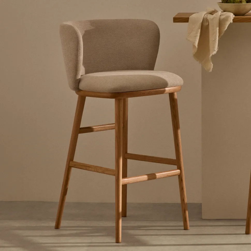 Barkruk Ciselia Chenille en essenhout (zithoogte 65cm)