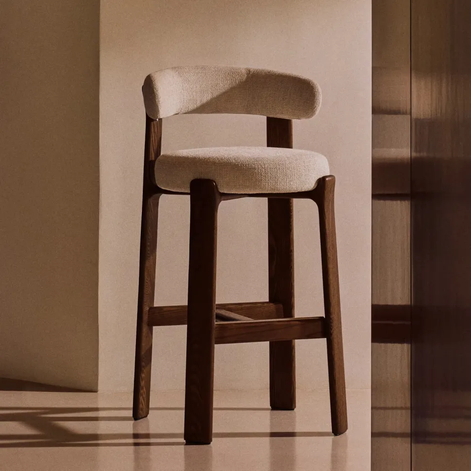 Barkruk Granite Chenille en bruin essenhout (zithoogte 75cm)