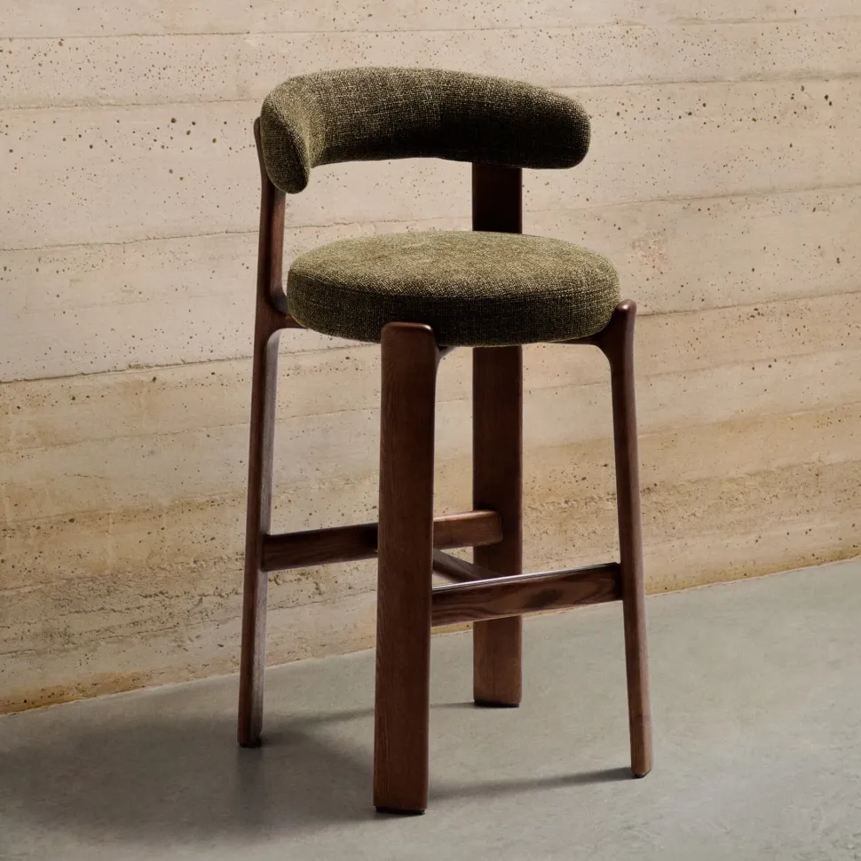 Barkruk Granite Chenille en bruin essenhout (zithoogte 75cm)