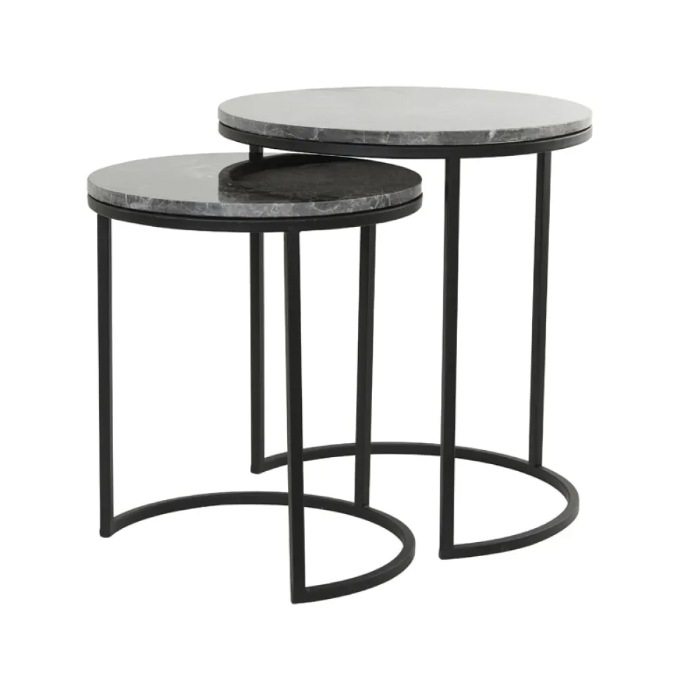 Bijzettafel Alfio Set van 2 stuks, bruin marmer+zwart