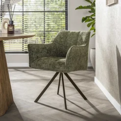 Draaibare Eetkamerstoel Thandie Hoven stof en bruin staal, kleur Groen