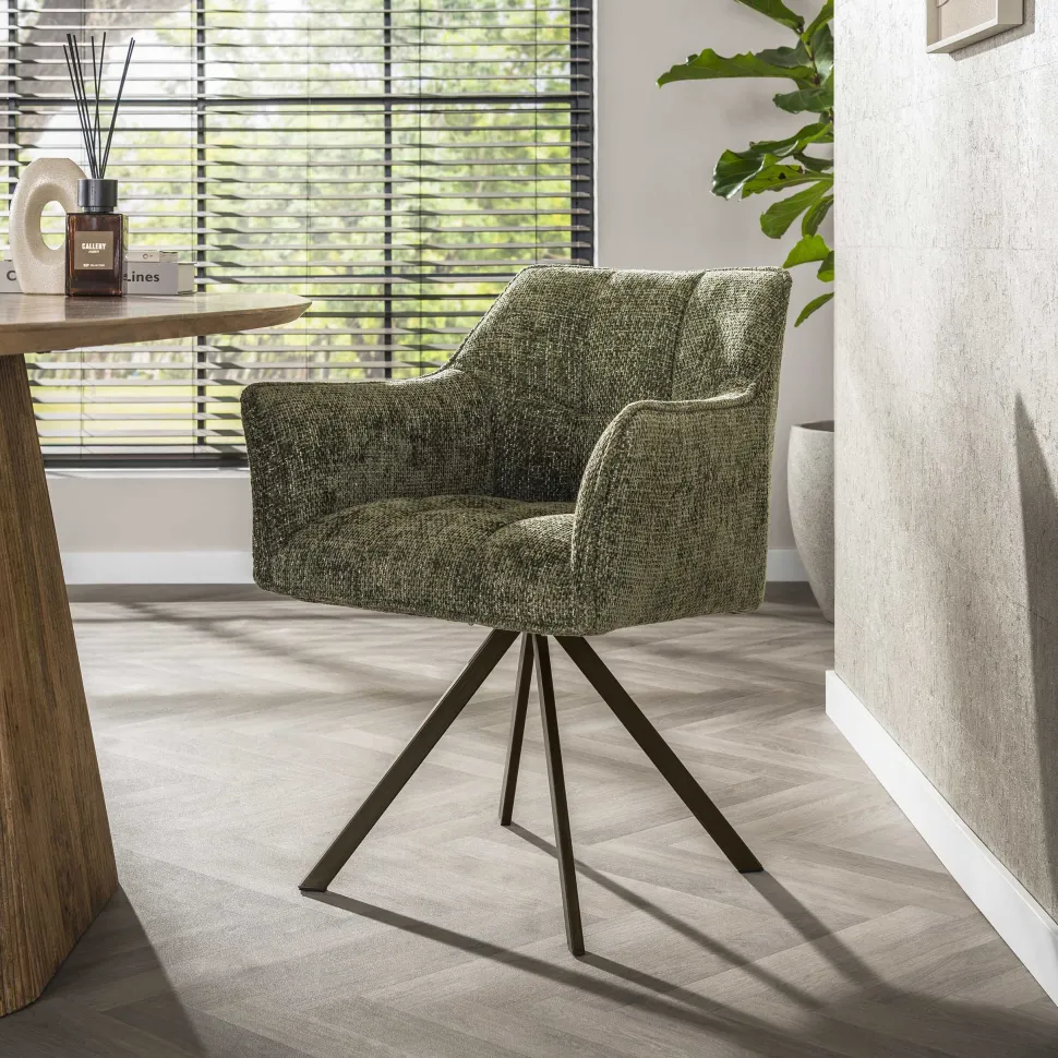 Draaibare Eetkamerstoel Thandie Hoven stof en bruin staal, kleur Groen