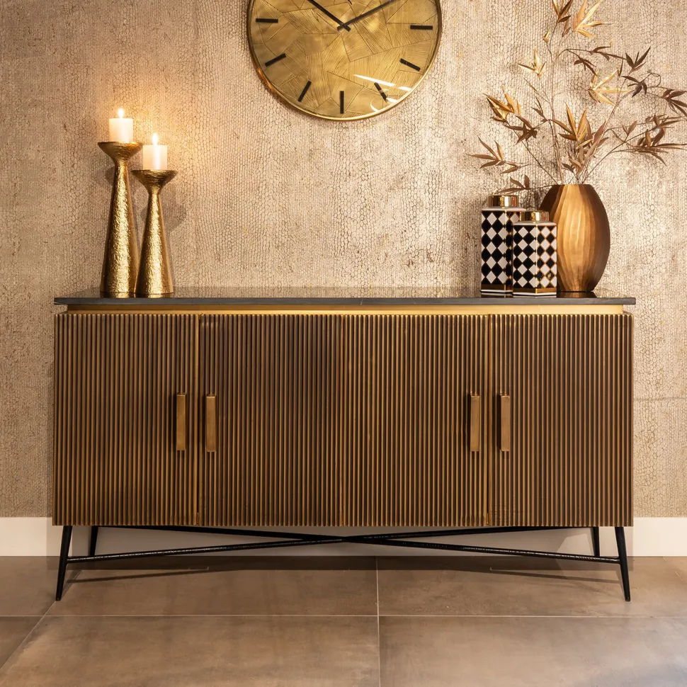 Dressoir Ironville 160cm, kleur goud / zwart marmer