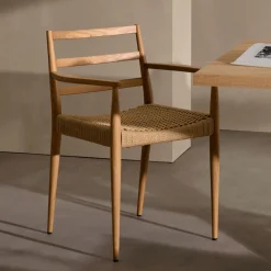 Eetkamerstoel Analy Eikenhout en touw, Met armleuning