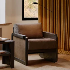 Fauteuil Panel Gevernist Teakhout, rotan en stof, kleur Grey Linen