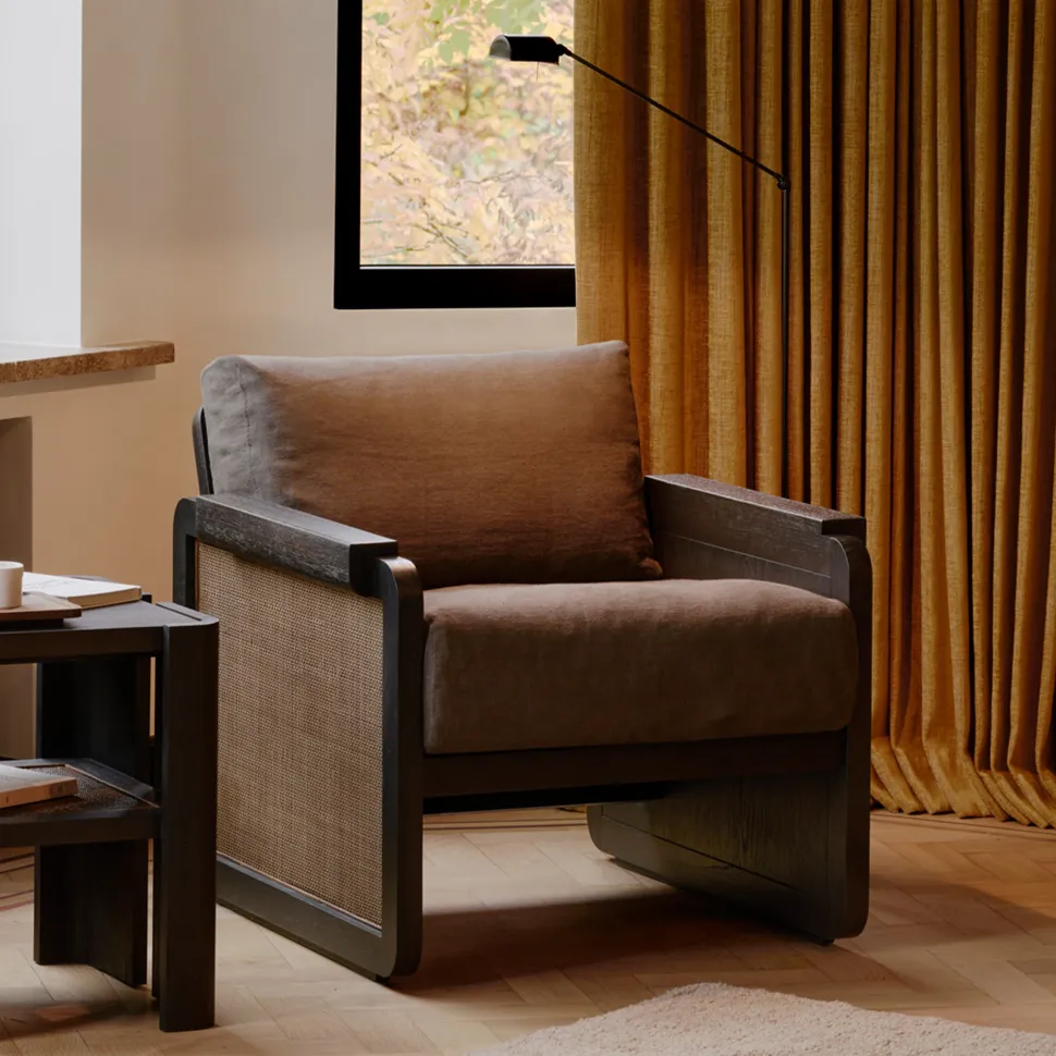 Fauteuil Panel Gevernist Teakhout, rotan en stof, kleur Grey Linen