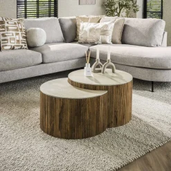 Halfronde Salontafel Beckie Mangohout en Keramiek in Travertin-look, Set van 2 stuks