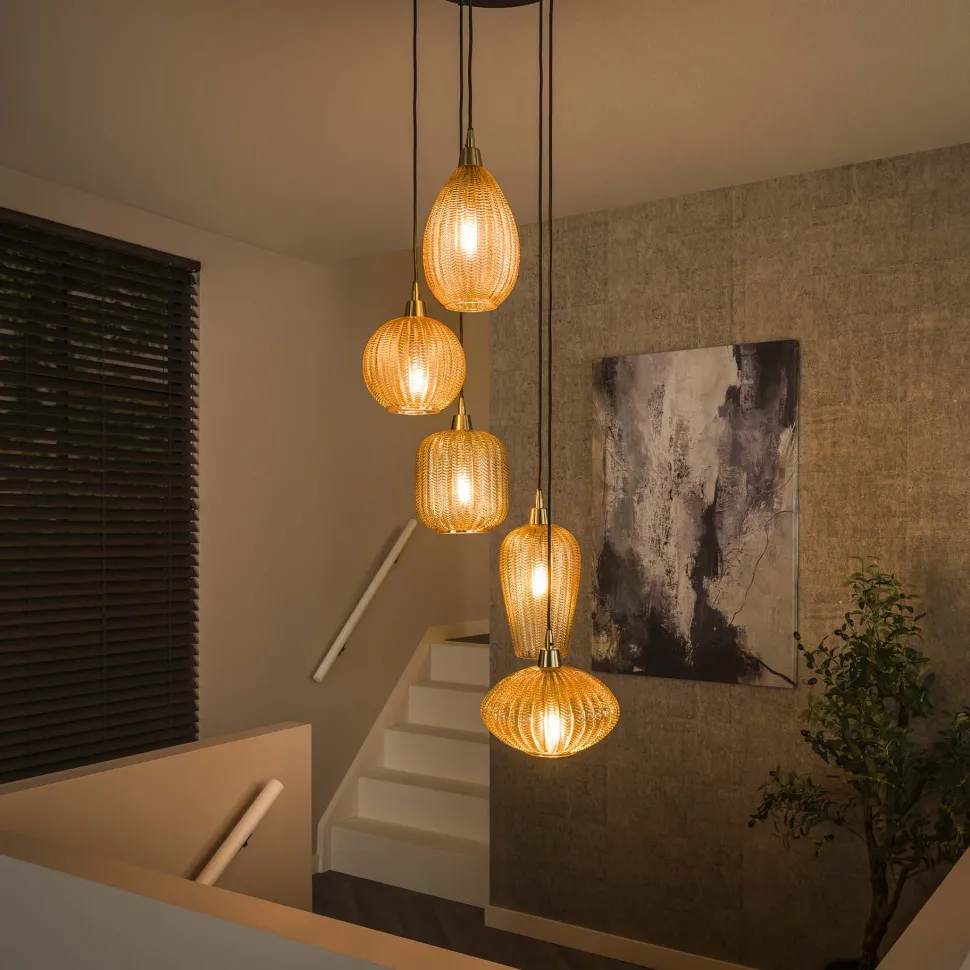 Hanglamp /Videlamp Dayn 5-lamps glas, kleur Amber