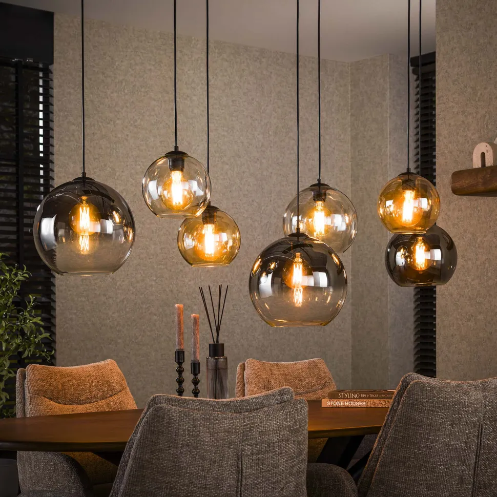 Hanglamp Willaim 7-lamps, Glas, kleur Chroom, Amber en Grijs