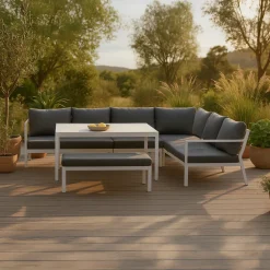 Hoek Loungeset Brianca Met hoekbank, tafel en bankje, kleur Wit/Grijs