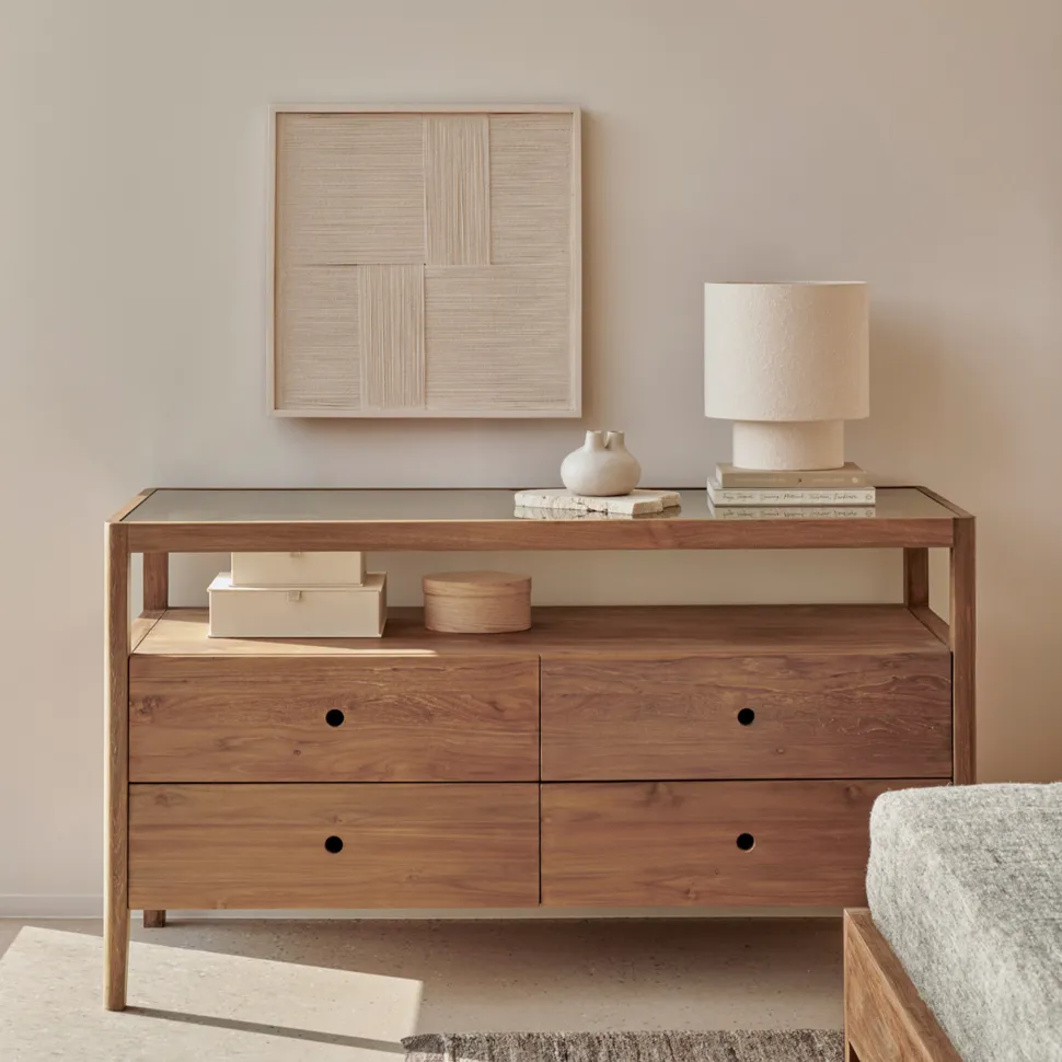 Ladekast Spindle Teakhout en glas, Met 3 laden, kleur Naturel