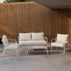 Loungeset Aleyna Met bank, 2 loungestoelen en tafel, kleur Beige