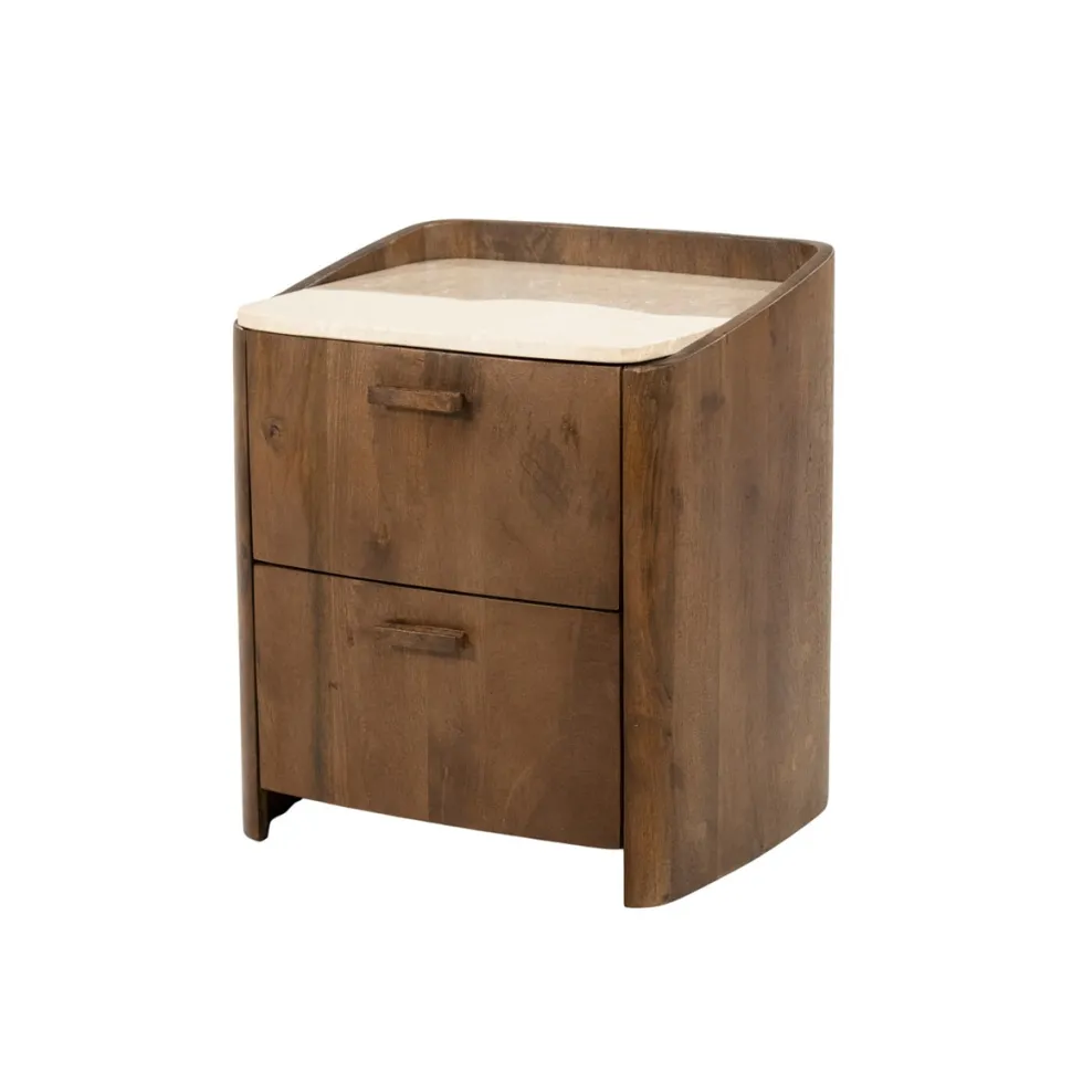 Nachtkastje Mabel Marmer en mangohout, Met 2 lades
