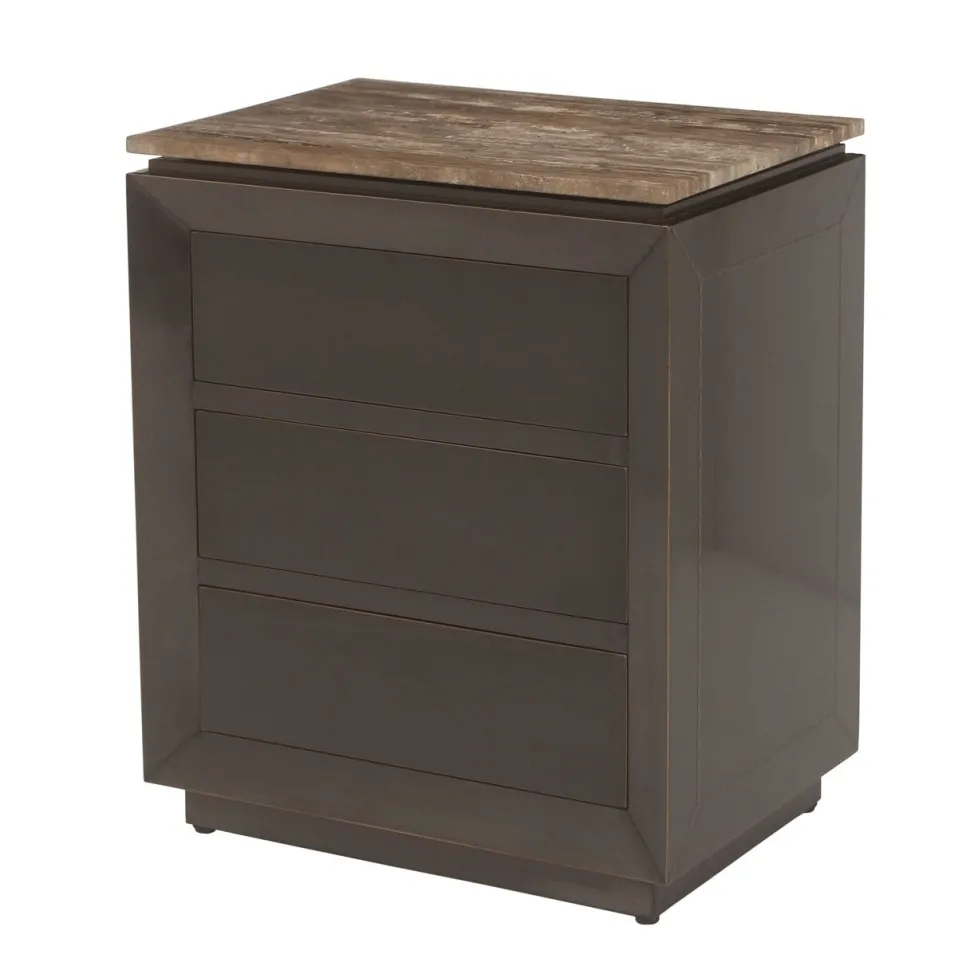 Nachtkastje Russo Travertin en brass, Met 3 lades