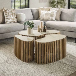 Organische Salontafel Beckie Mangohout en Keramiek in Travertin-look, Set van 3 stuks