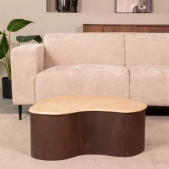 Organische Salontafel Davi Travertin en hout, 80 x 70cm