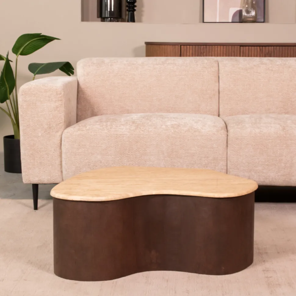 Organische Salontafel Davi Travertin en hout, 80 x 70cm