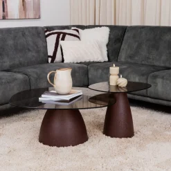 Organische Salontafel Jacky Glas en gecoat staal, Set van 2 stuks, kleur Burgundy