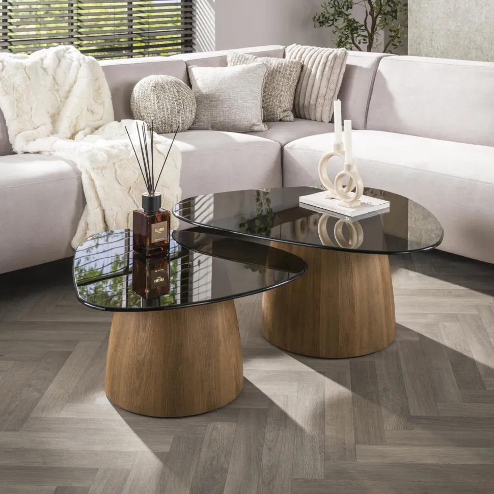 Organische Salontafel Kely Driehoek, set van 2 stuks, Brons glas