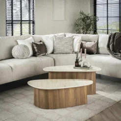 Organische Salontafel Laycie Keramiek in Travertin-look, Set van 2 stuks