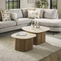 Organische Salontafel Laycie Keramiek in Travertinlook, Set van 2 stuks