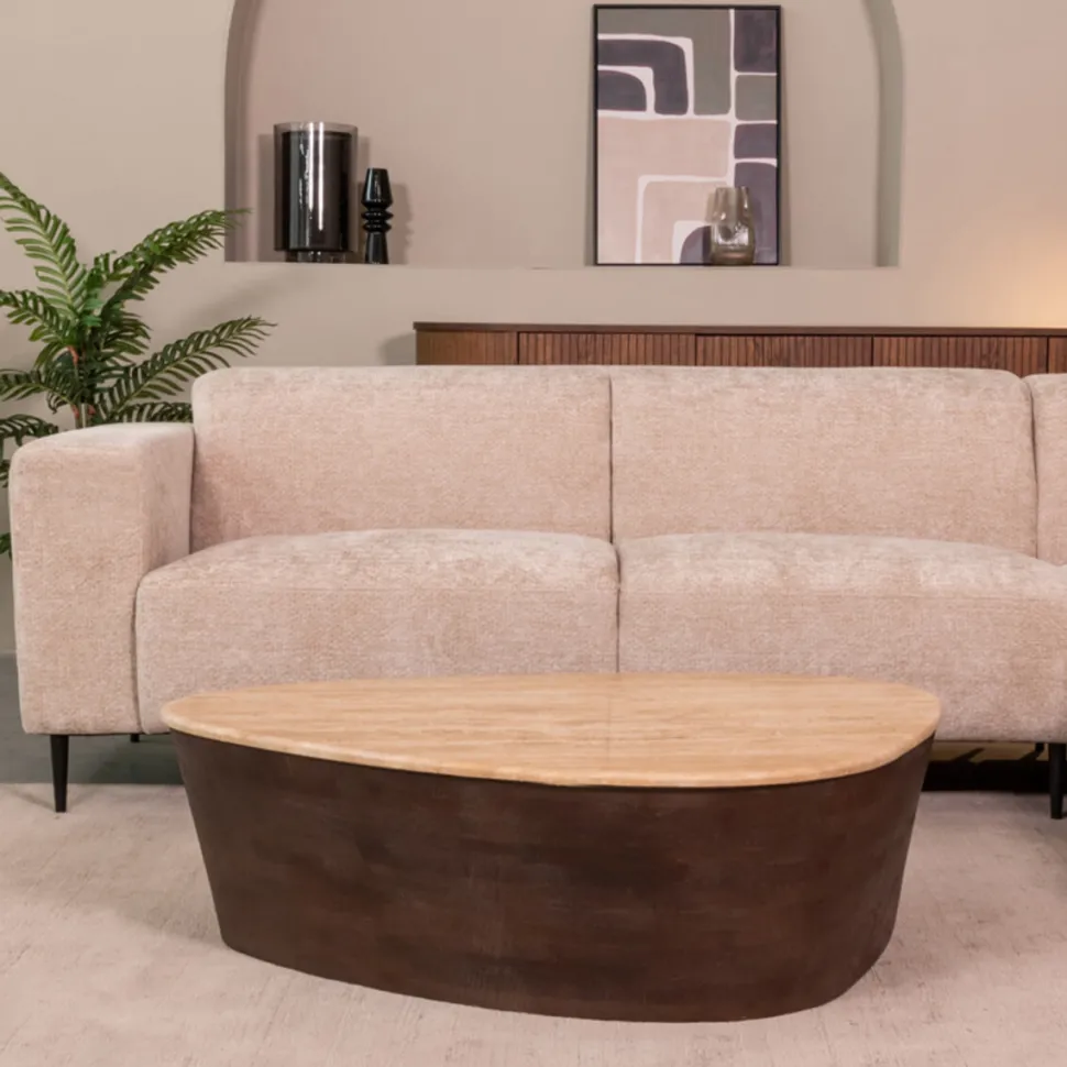 Organische Salontafel Ravi Travertin en hout, 110 x 80cm