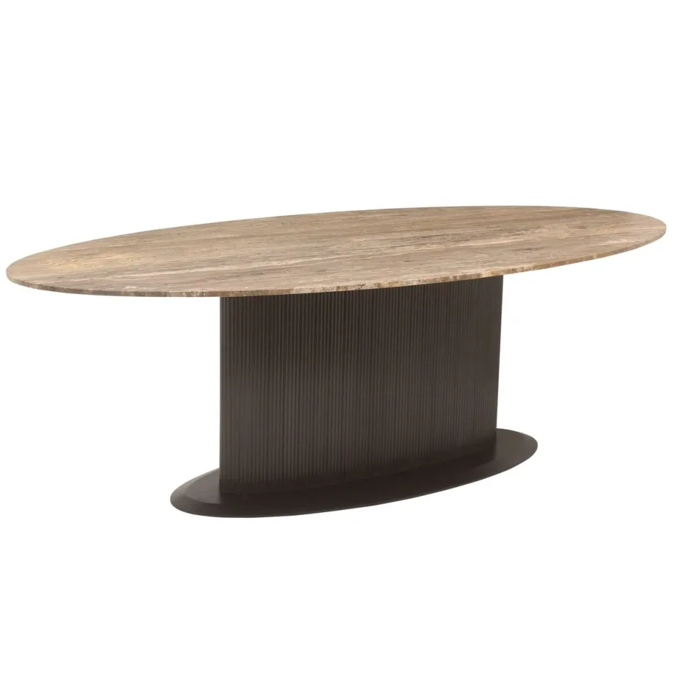Ovale Eettafel Russo Travertin en brass, 235 x 110cm