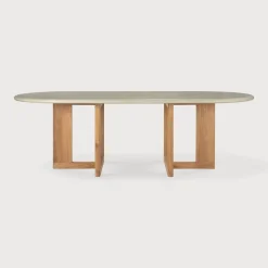 Ovale Tuintafel Trestle Beton en teakhout, 240 x 110cm