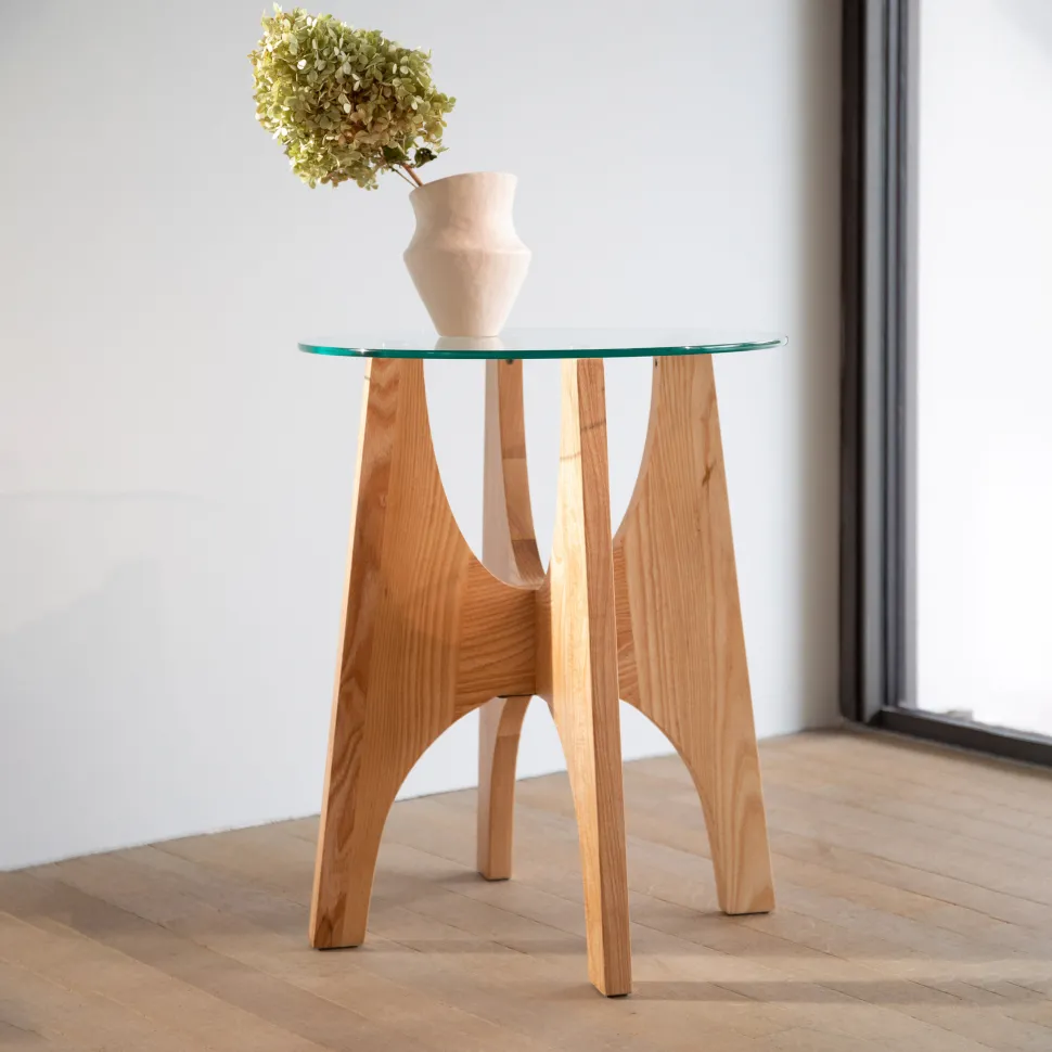 Ronde Bijzettafel Kobe Essenhout en glas, 45cm