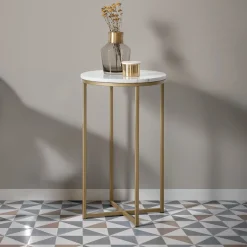 Ronde Bijzettafel Sheffield Wit marmer / goud, Ø43cm
