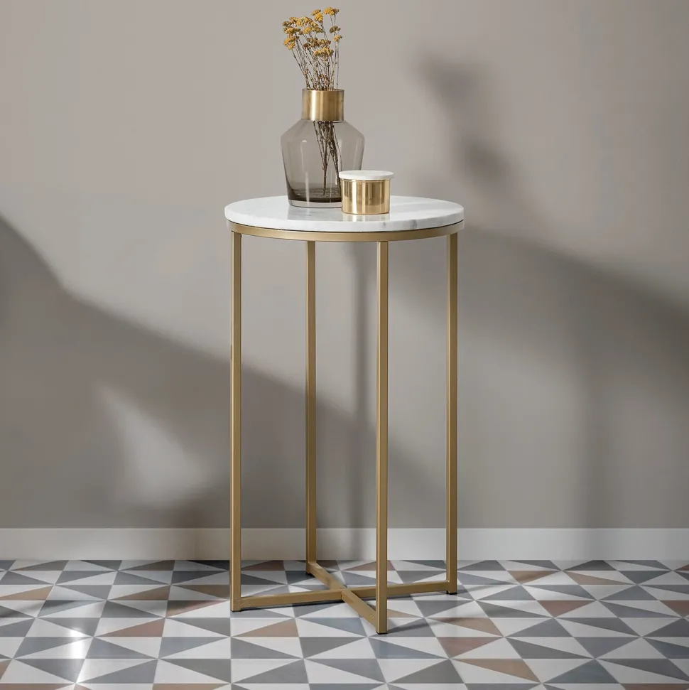 Ronde Bijzettafel Sheffield Wit marmer / goud, Ø43cm