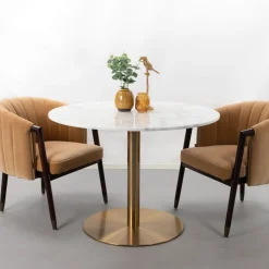 Ronde Bistrotafel/Eettafel Naima kleur Wit Marmer/Brass