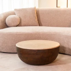 Ronde Salontafel Bowl Travertin en hout