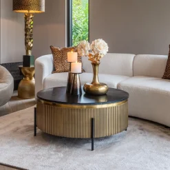 Ronde Salontafel Ironville Ø90cm, goud / zwart marmer