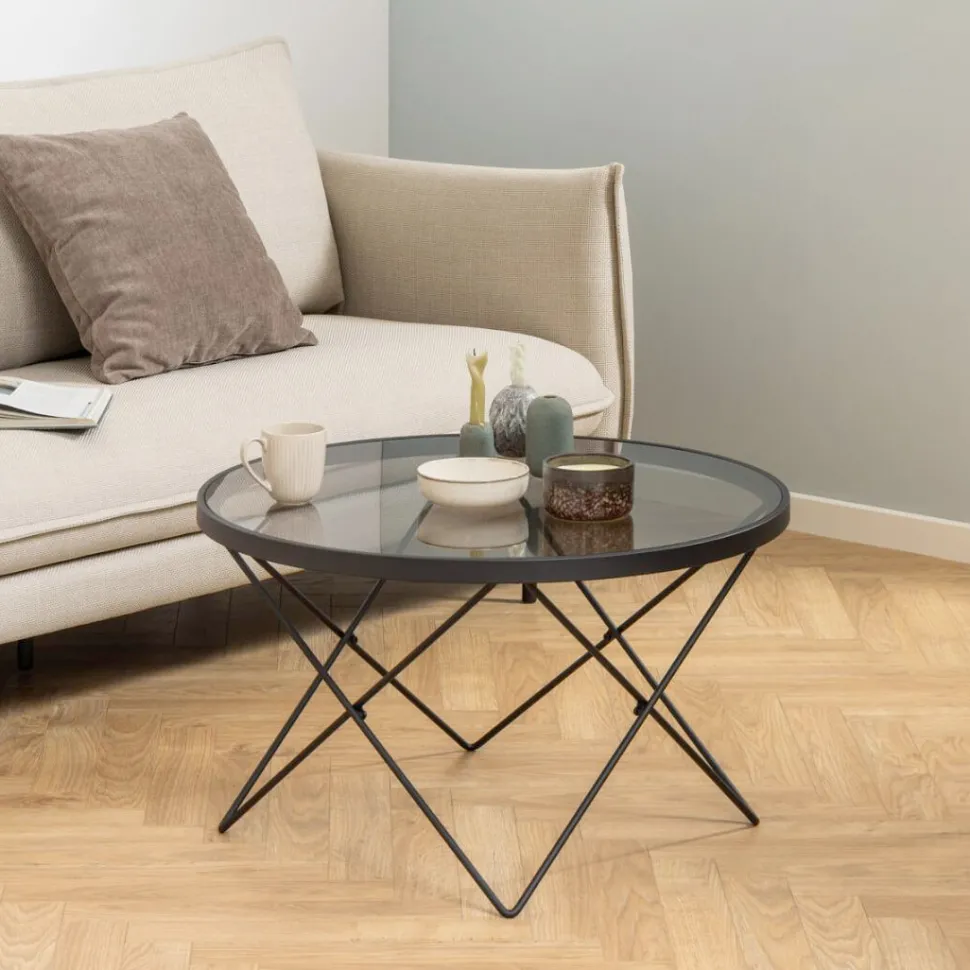 Ronde Salontafel Kira Glas 80cm, kleur zwart