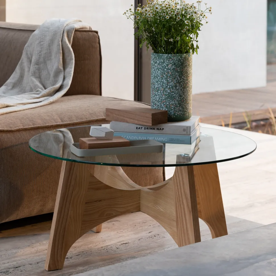 Ronde Salontafel Kobe Essenhout en glas, 80cm