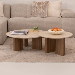 Ronde Salontafel Laycie Keramiek in Travertin-look, Set van 2 stuks