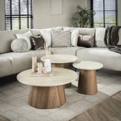 Ronde Salontafel Laycie Keramiek in Travertin-look, Set van 3 stuks