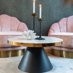 Ronde Salontafel Odin Ø80cm, Wit Marmer / Goud / Zwart