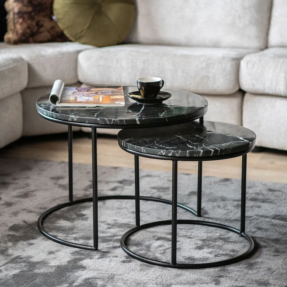 Ronde Salontafel Romeo Zwart Marmer, Set van 2 stuks