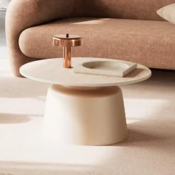 Ronde Salontafel Waleed Keramiek in travertinlook, 70cm, kleur Beige