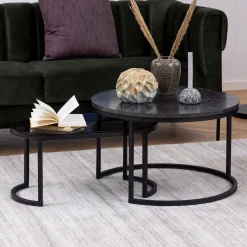 Salontafel Flemming Set van 2 stuks, Marmerlook en glas, kleur zwart