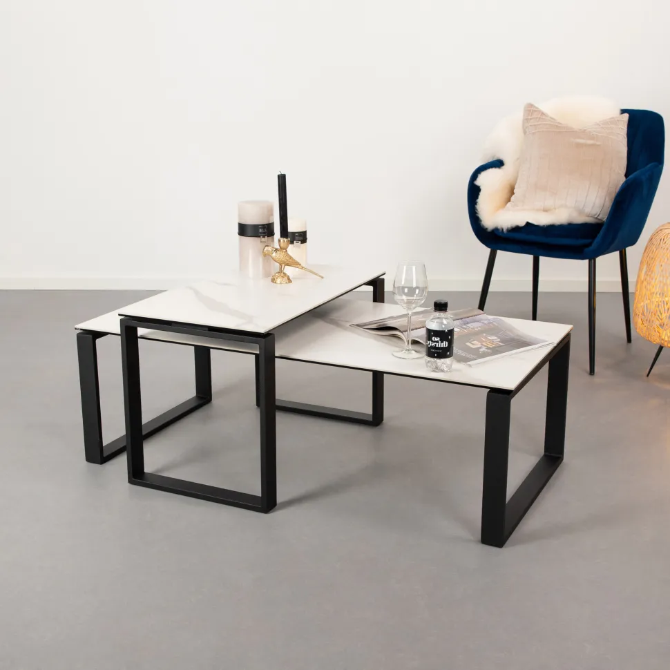 Salontafel Parker Set van 2 stuks, Keramiek met marmerlook, kleur Wit