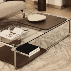 Salontafel Tarsel Glas en walnootfineer, 140 x 60cm