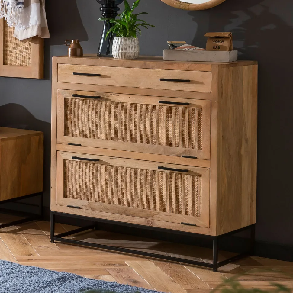 Schoenenkast Denice Mangohout en rotan, 91 x 85cm