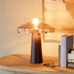 Tafellamp Dome Hout en glas, 35cm hoog